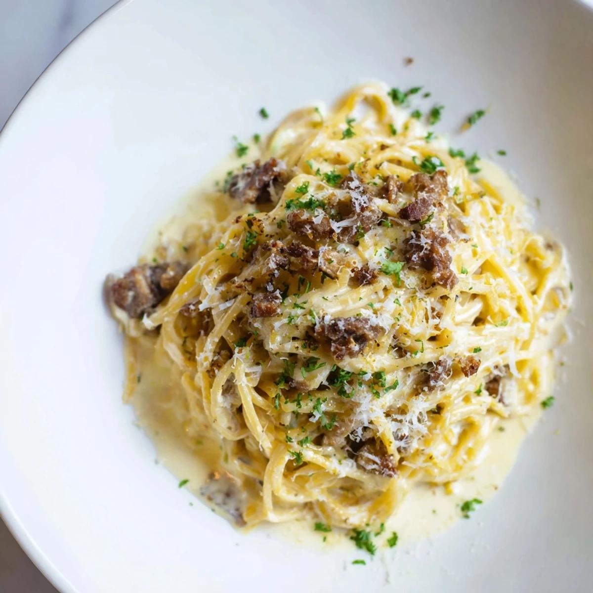 A close-up of creamy Pasta Carbonara with Beef Bacon, fresh Parmesan, and parsley garnish.