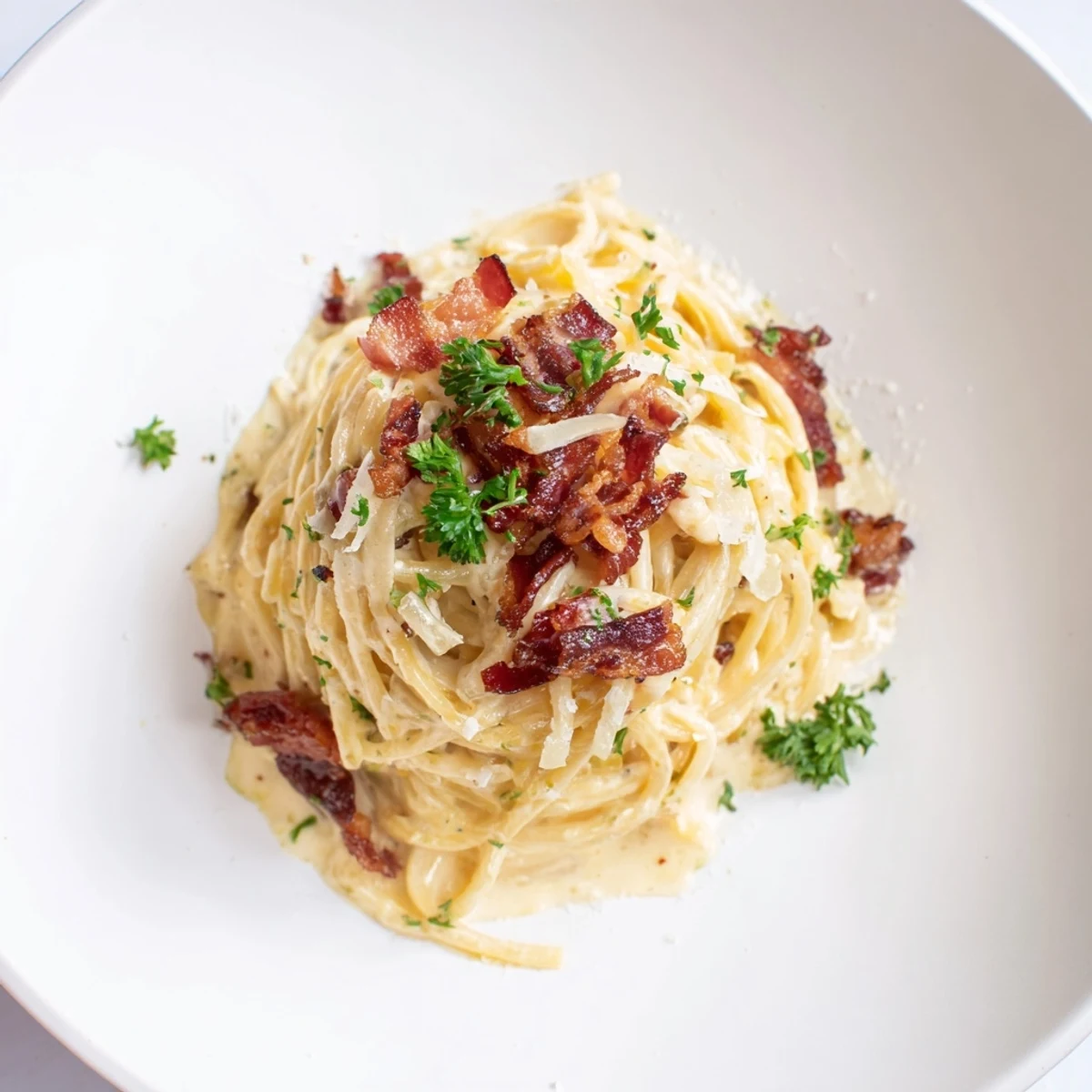 Savor the deliciousness: a bowl of homemade Creamy Pasta Carbonara with Beef Bacon ready to eat.