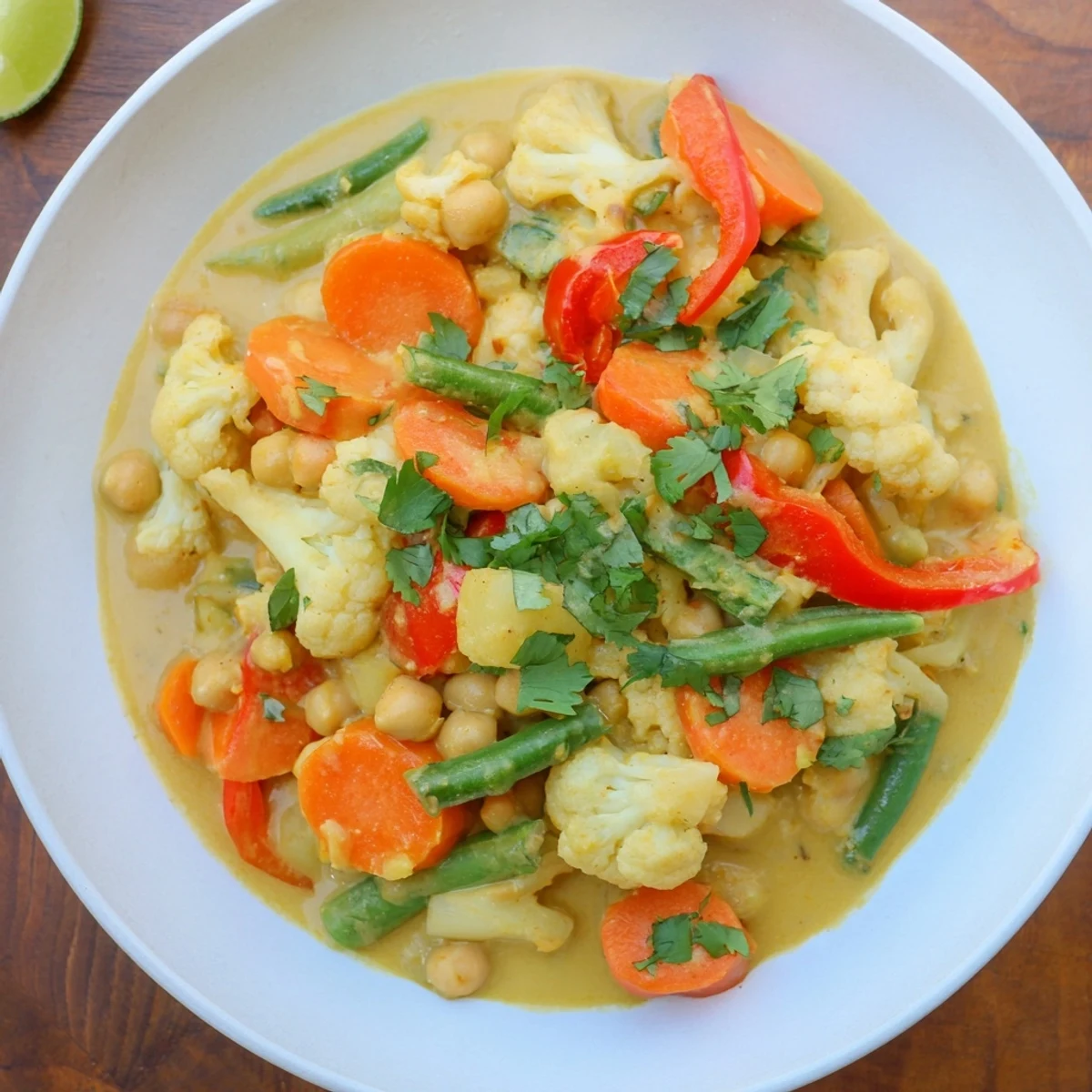 Close-up of a Vegetarian Curry, showcasing tender vegetables and a rich, spiced broth.