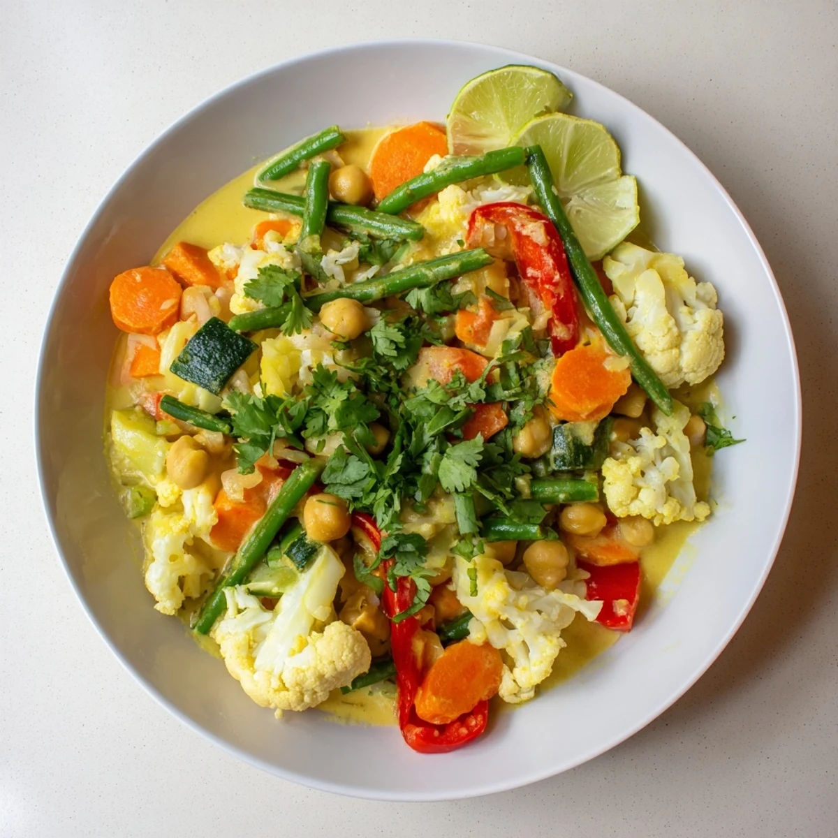 Enjoy this flavorful Vegetarian Curry with fresh cilantro and a squeeze of lime on top.