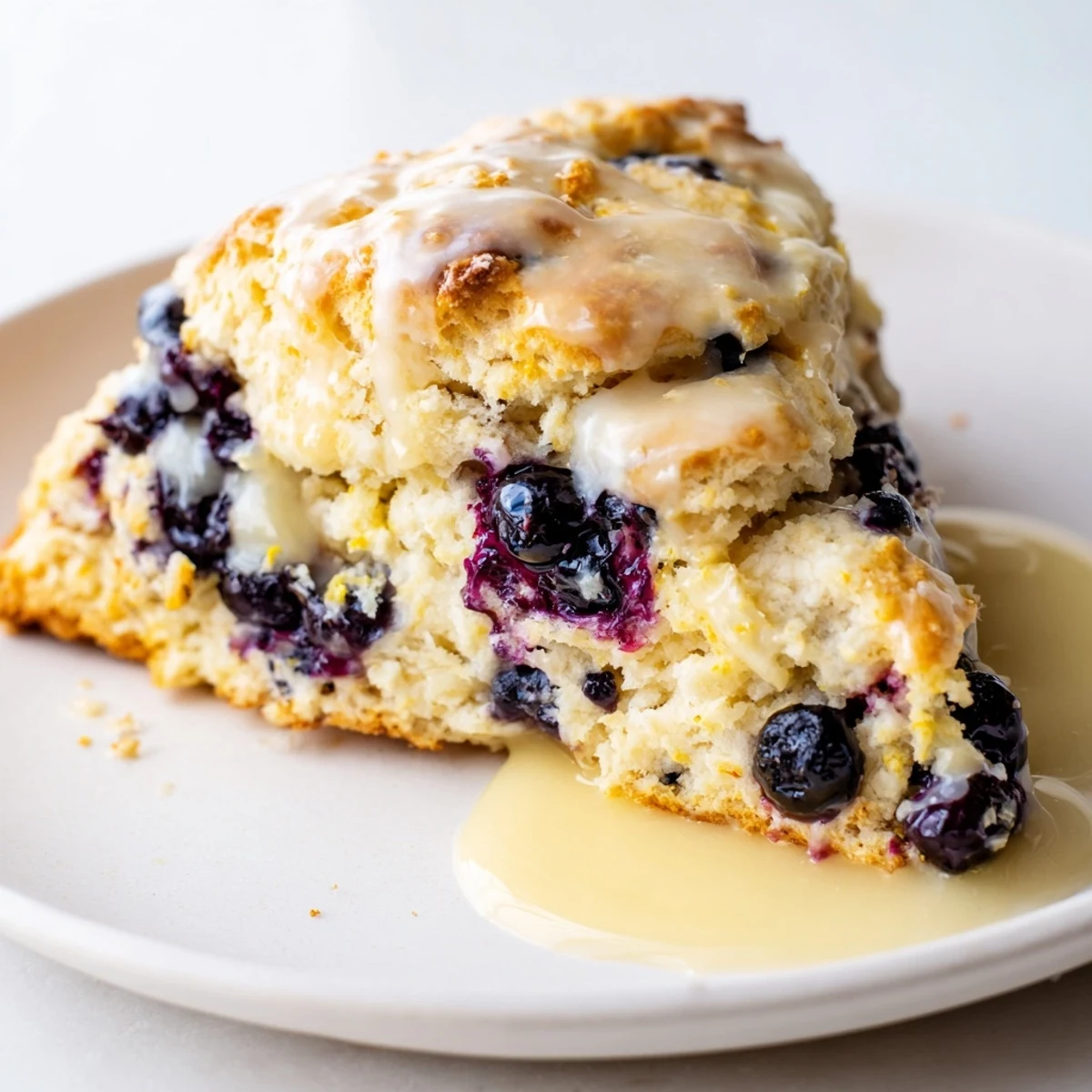 Warm, golden Lemon Blueberry Scones are topped with a glossy, sweet lemon glaze; ready to enjoy.