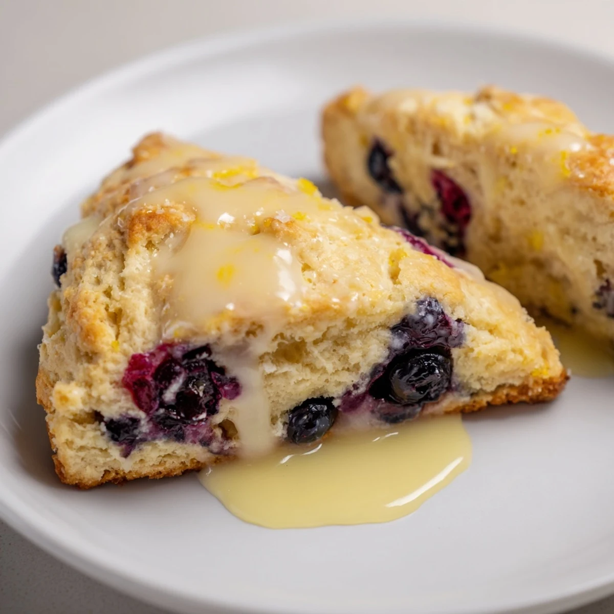Freshly baked, buttery Lemon Blueberry Scones showcase plump blueberries, beautifully glazed for brunch.