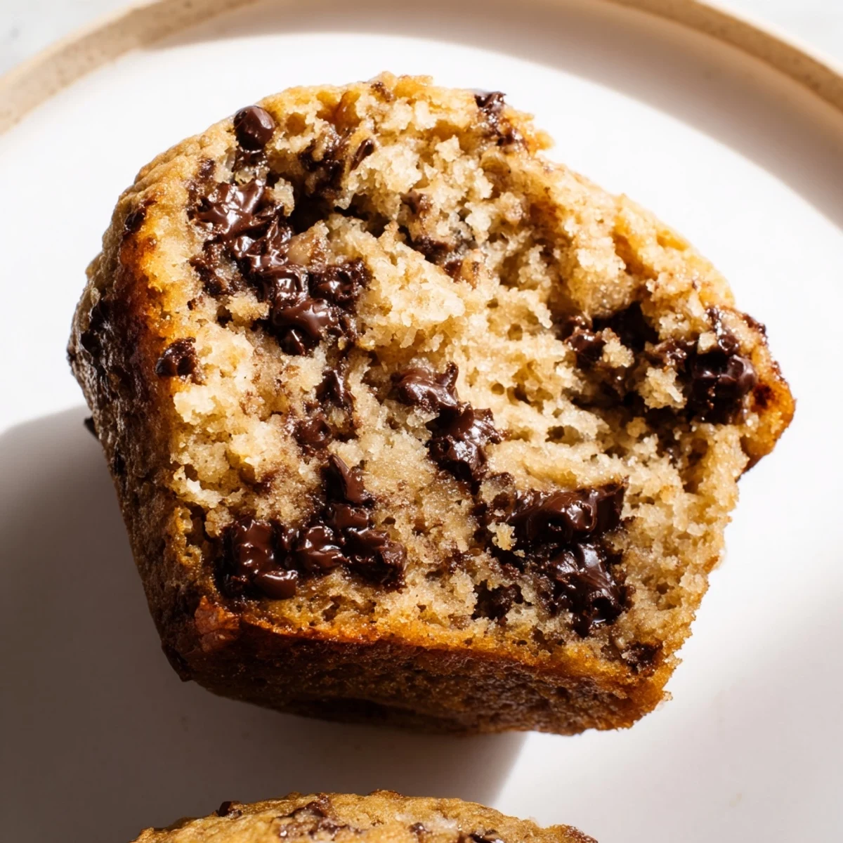 Fluffy Chocolate Chip Banana Bread Muffins, speckled with melty chocolate, perfect for a quick and tasty breakfast.