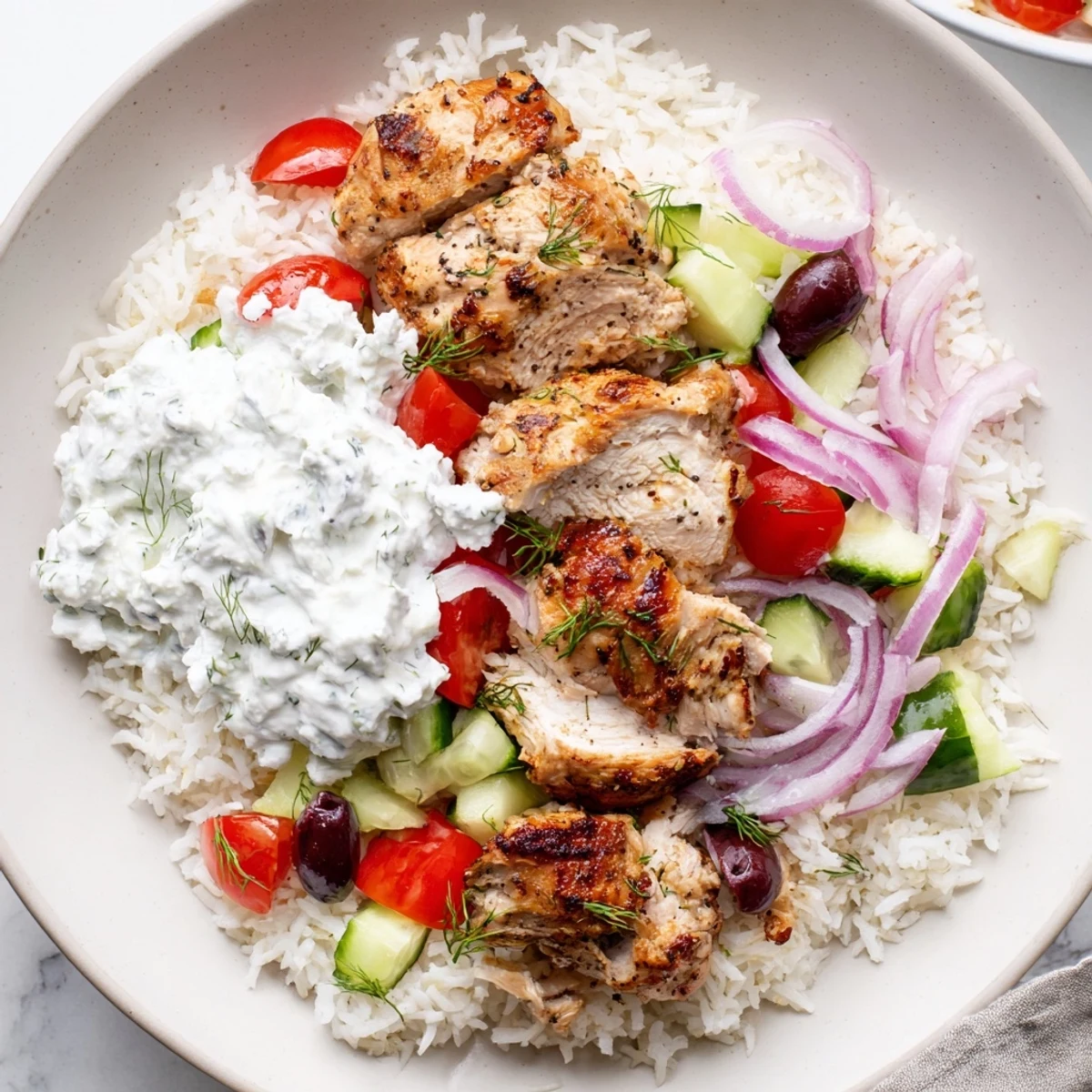 Greek Chicken Gyro Bowls with juicy chicken, colorful veggies, feta crumbles, and creamy tzatziki are ready to serve.