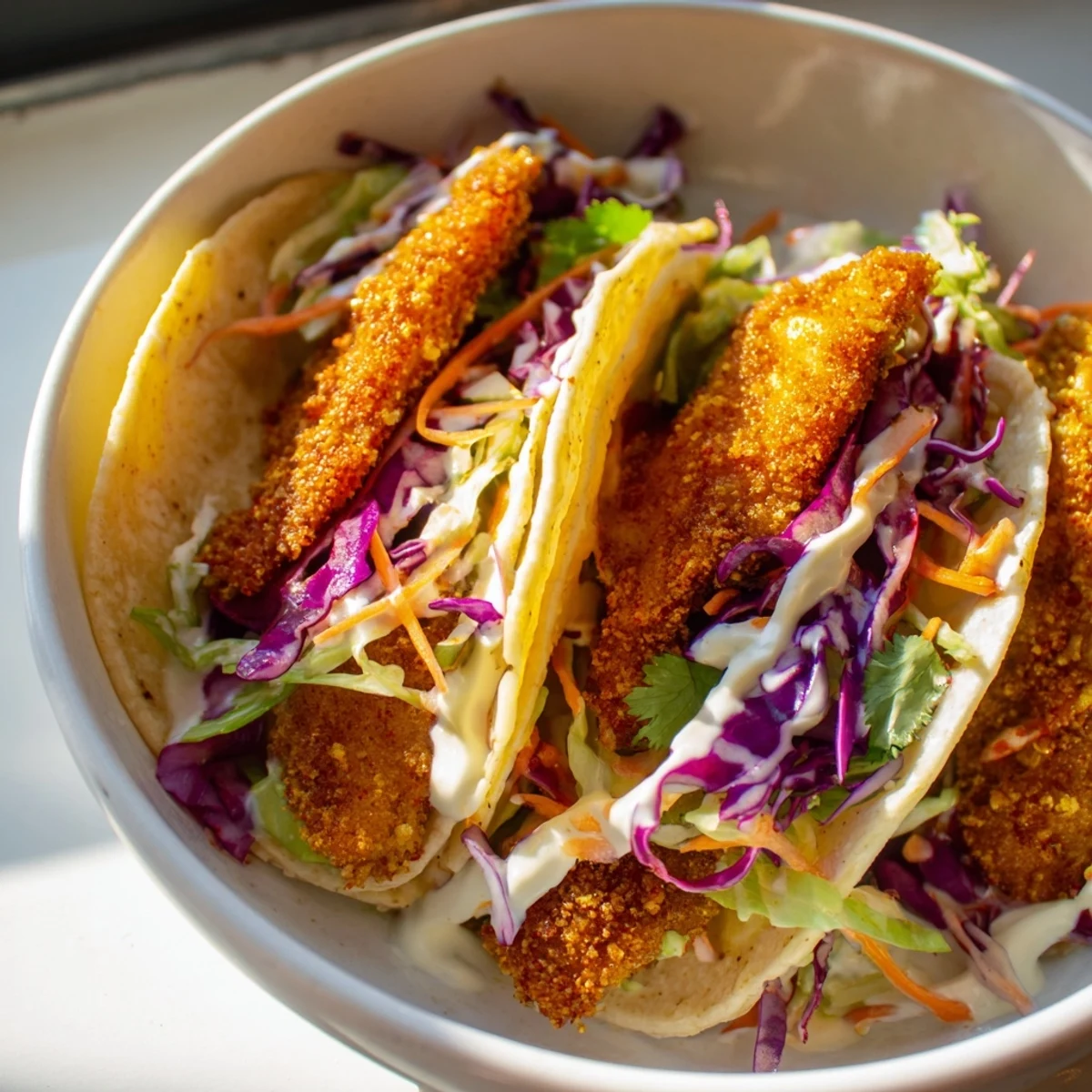 Golden, fried fish nestled in warm tortillas with vibrant cabbage slaw for these crispy fish tacos.