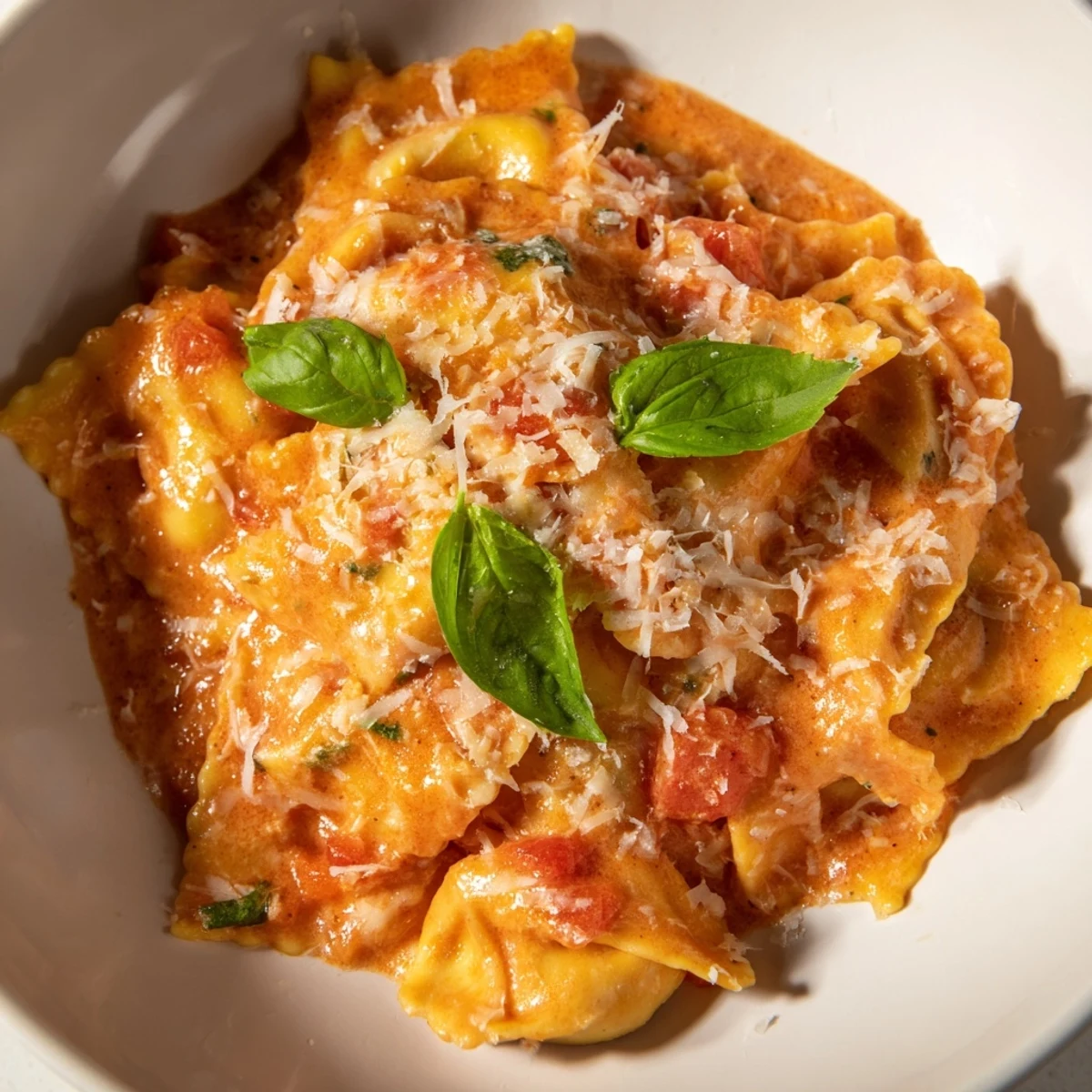 A close-up of a steaming bowl of One Pot Creamy Tomato Tortellini, bursting with cheesy goodness.