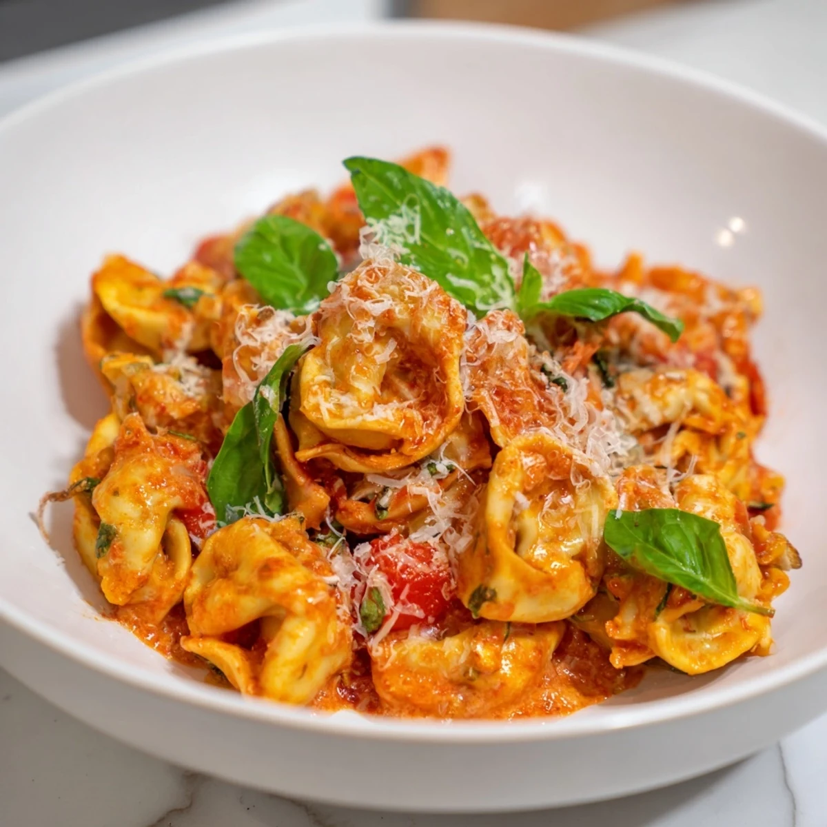 Creamy, flavorful One Pot Creamy Tomato Tortellini ready with fresh basil garnish, looks delicious.