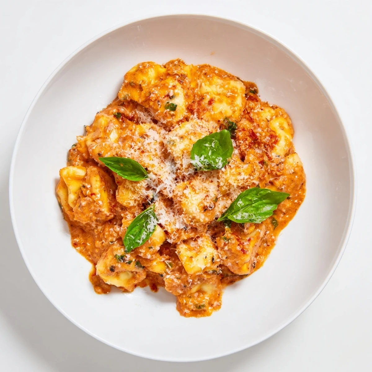 Warm, rich One Pot Creamy Tomato Tortellini, ideal comfort food served with extra Parmesan cheese.