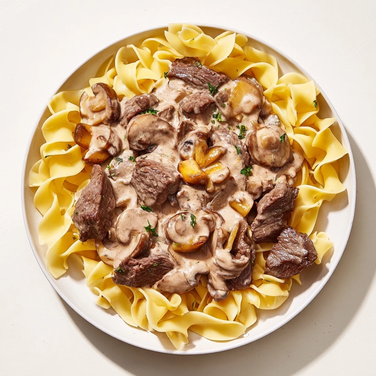 Close-up of rich, delicious beef stroganoff with a garnish of fresh, vibrant parsley.