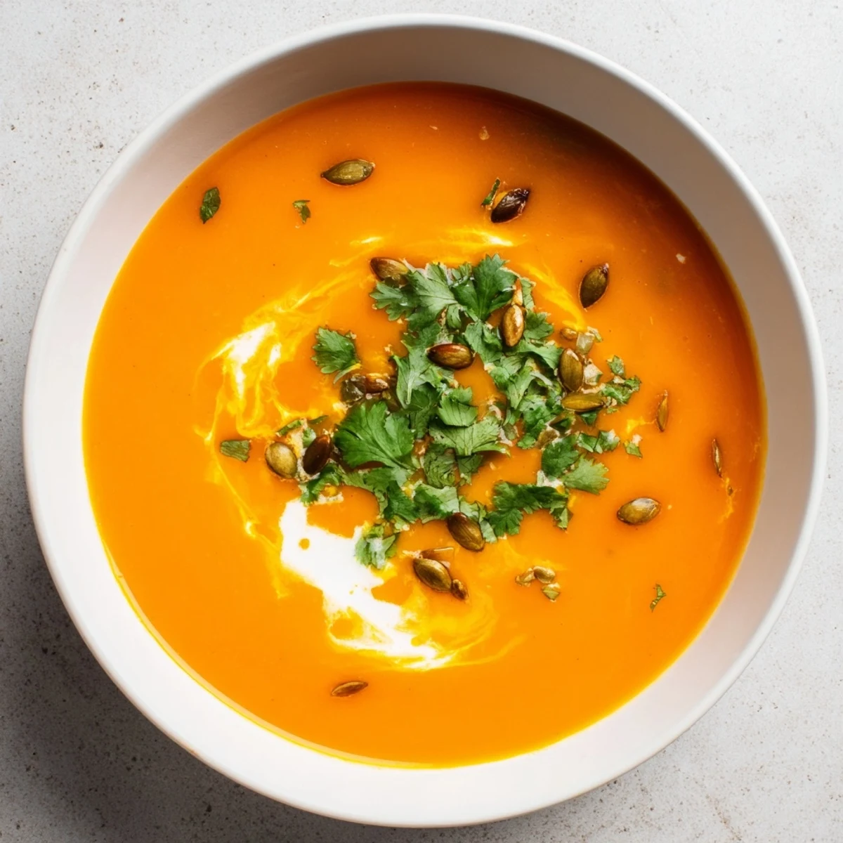 Enjoy a bowl of warm Roasted Carrot and Ginger Soup, smelling of ginger and coconut milk with a silky texture.