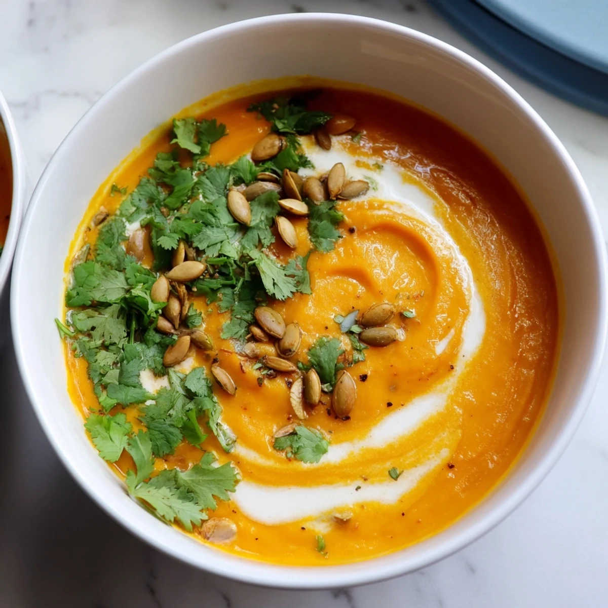 Close-up of a flavorful Roasted Carrot and Ginger Soup, swirls of coconut milk look especially tempting.