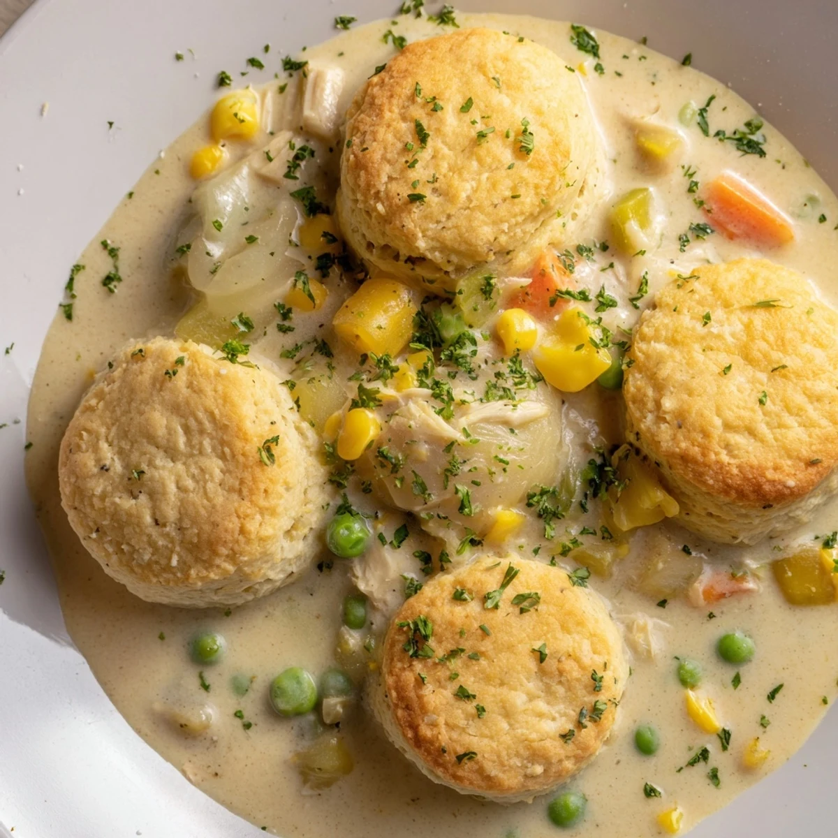 Creamy Chicken Pot Pie Soup with golden biscuit topping, ready for a comforting bite.