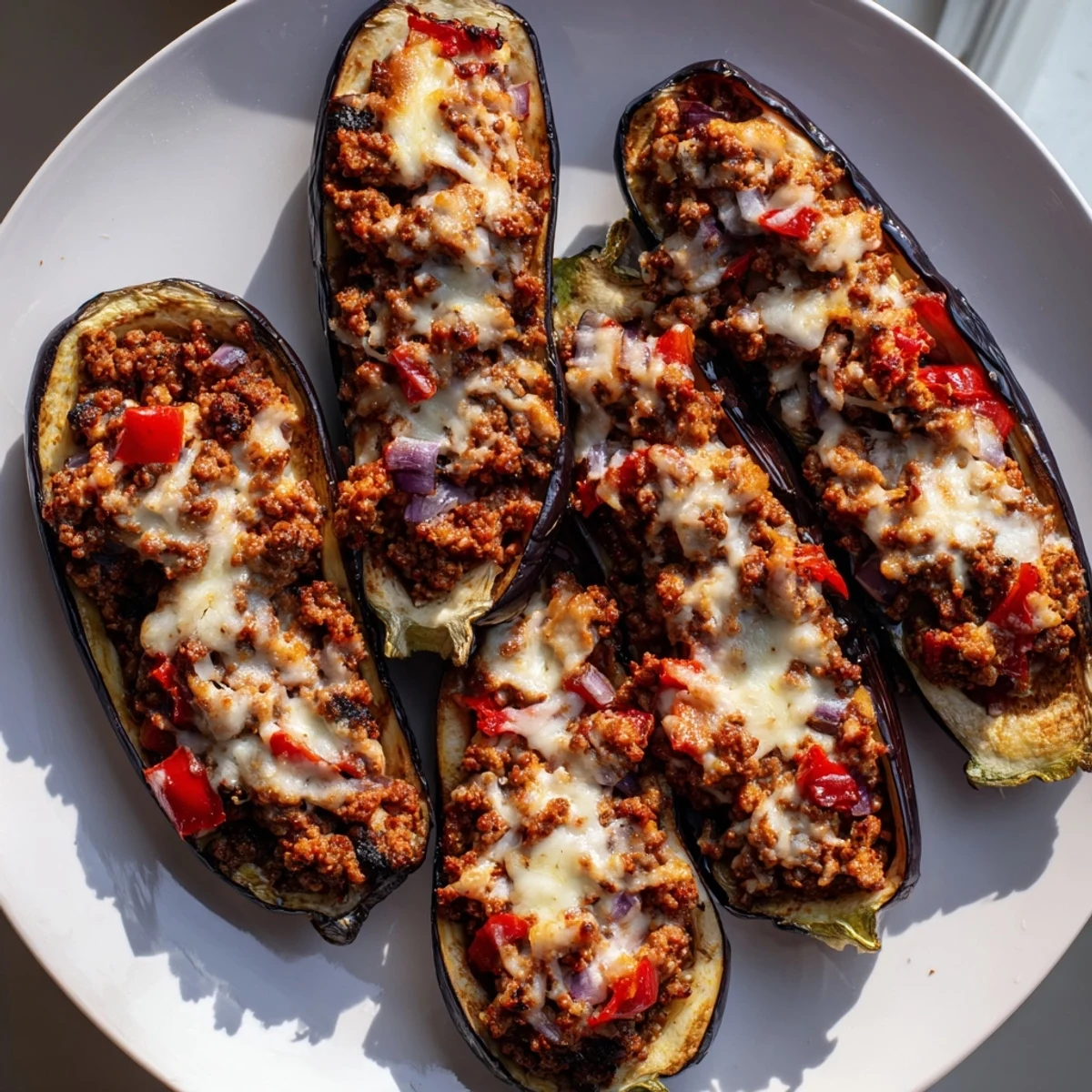 Golden, bubbly zucchini boats stuffed with savory ground beef and melted cheese, ready to serve.