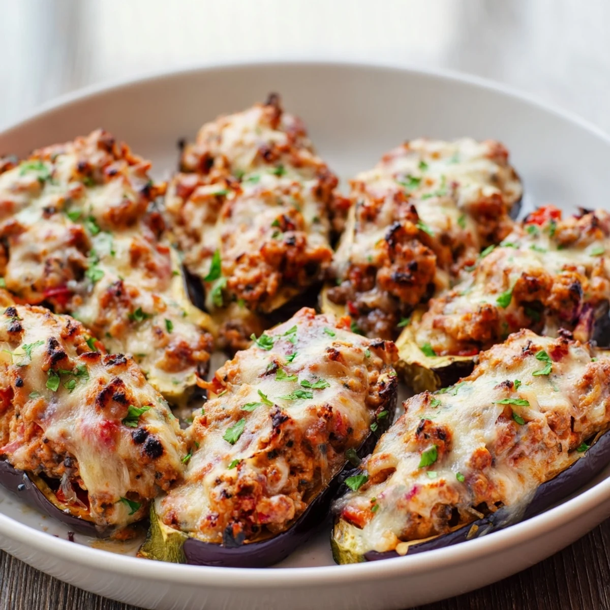 A close-up of cheesy, flavorful zucchini boats brimming with hearty ground beef for dinner.