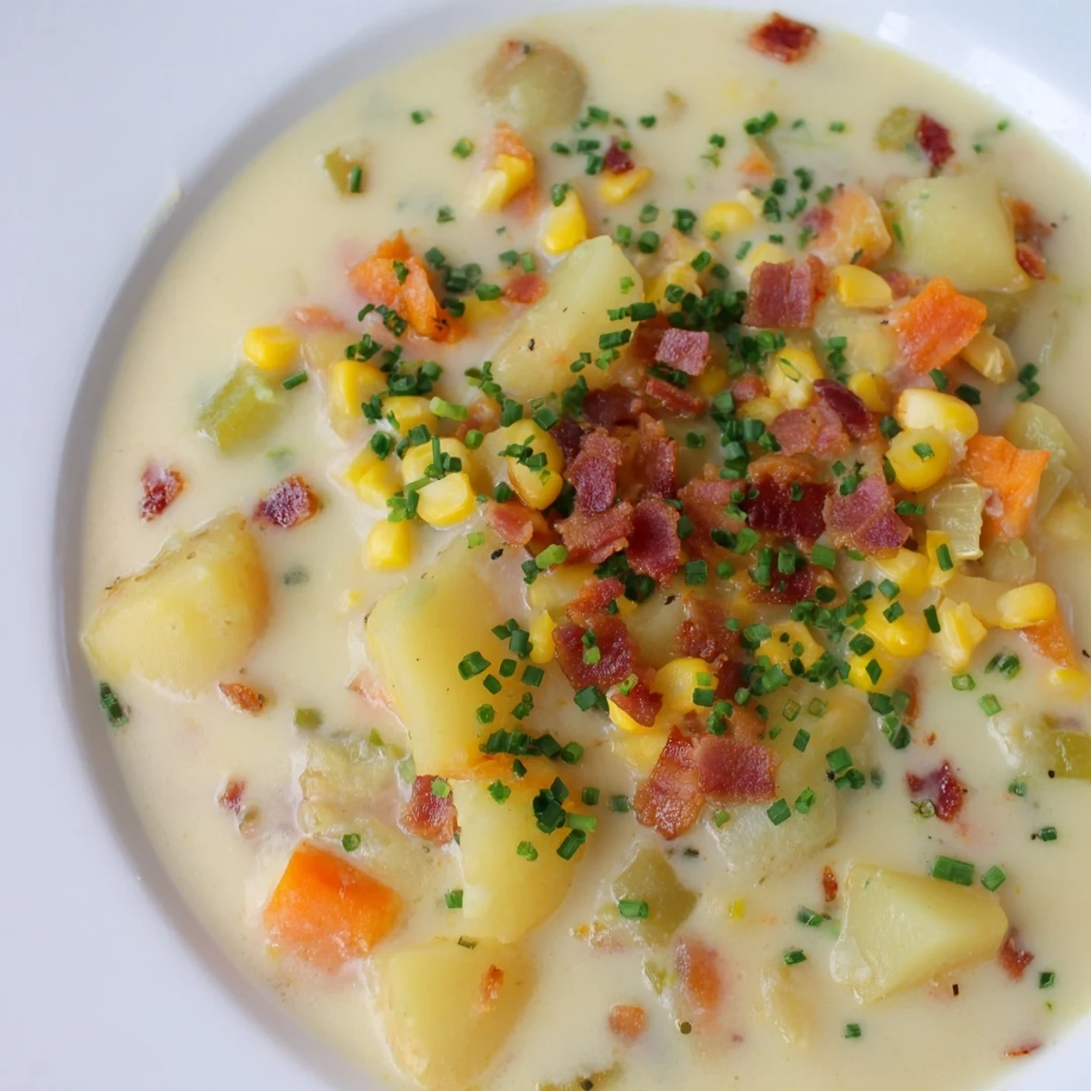 Creamy Corn and Potato Chowder swirled with rich flavors, garnished with fresh chives, ready to eat.