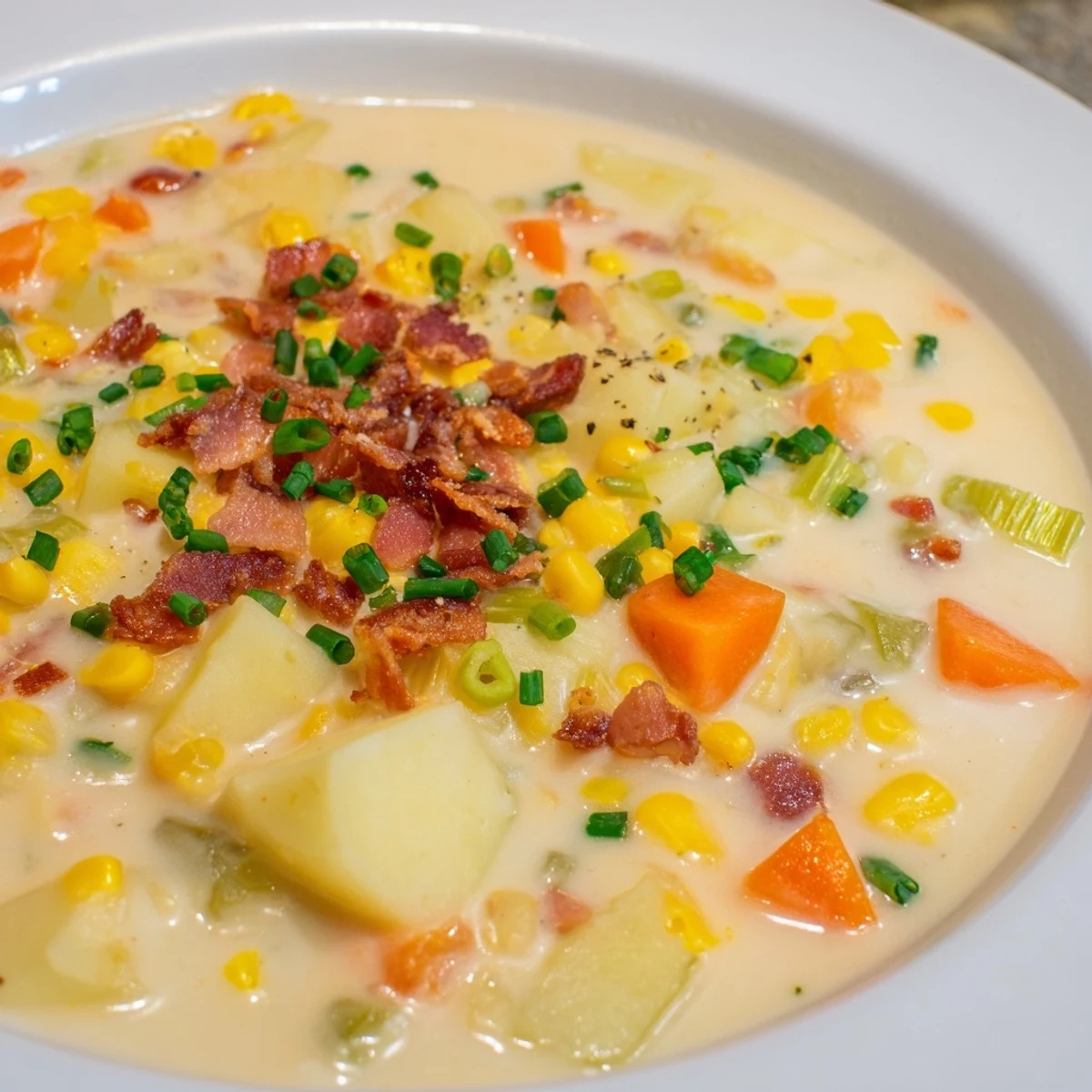 A steaming bowl of Creamy Corn and Potato Chowder, featuring tender potatoes, perfect for a cozy dinner.