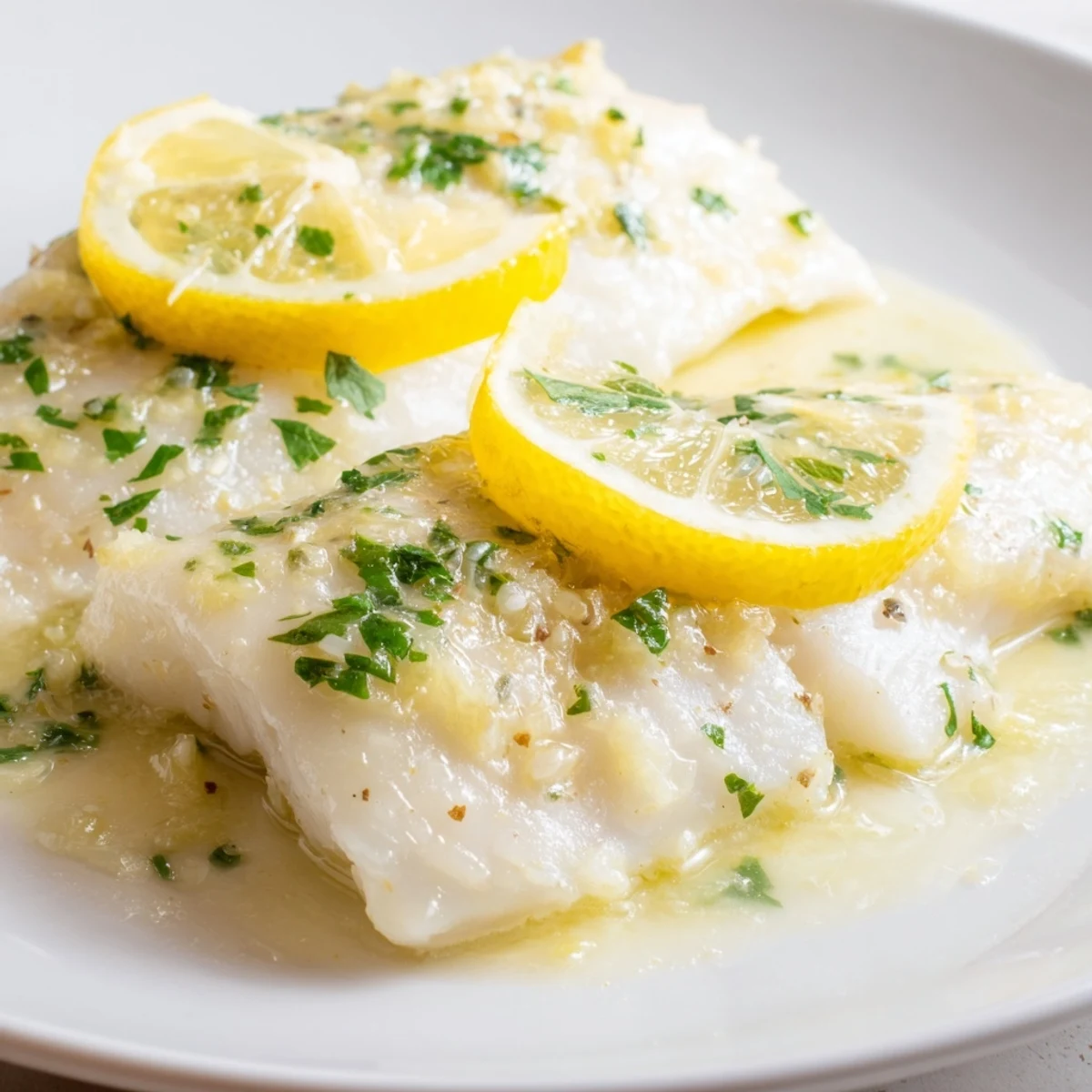 Golden, flaky Baked Halibut with Lemon Butter, glistening with a vibrant lemon-herb sauce, ready to serve.