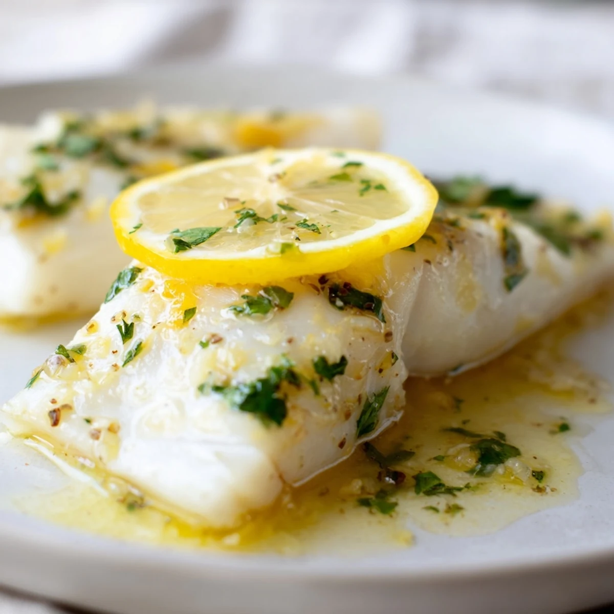 Tender Baked Halibut with Lemon Butter, perfectly cooked and topped with fresh parsley and lemon slices.