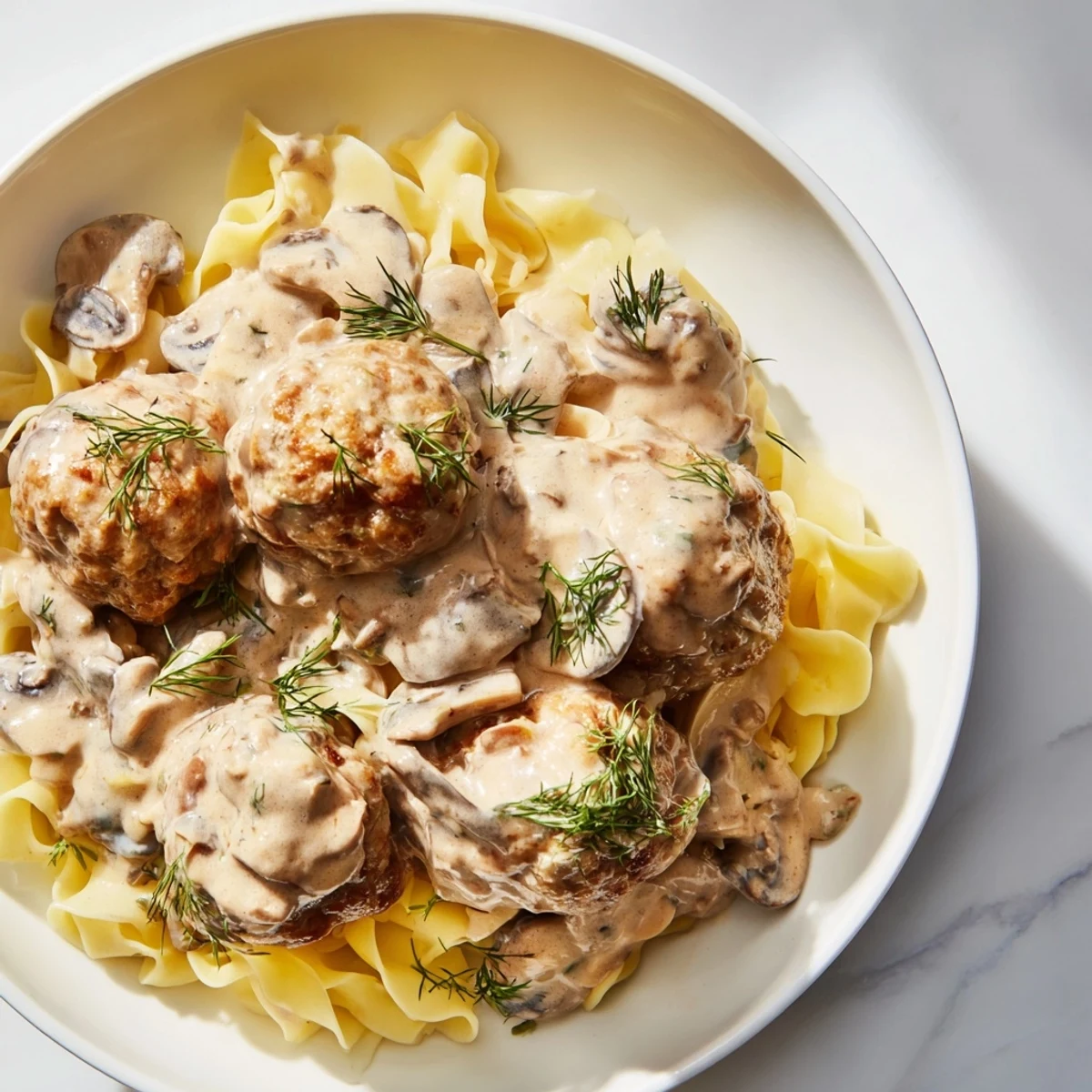 Creamy Turkey Meatball Stroganoff over egg noodles, a comforting dinner with savory mushrooms and sauce.