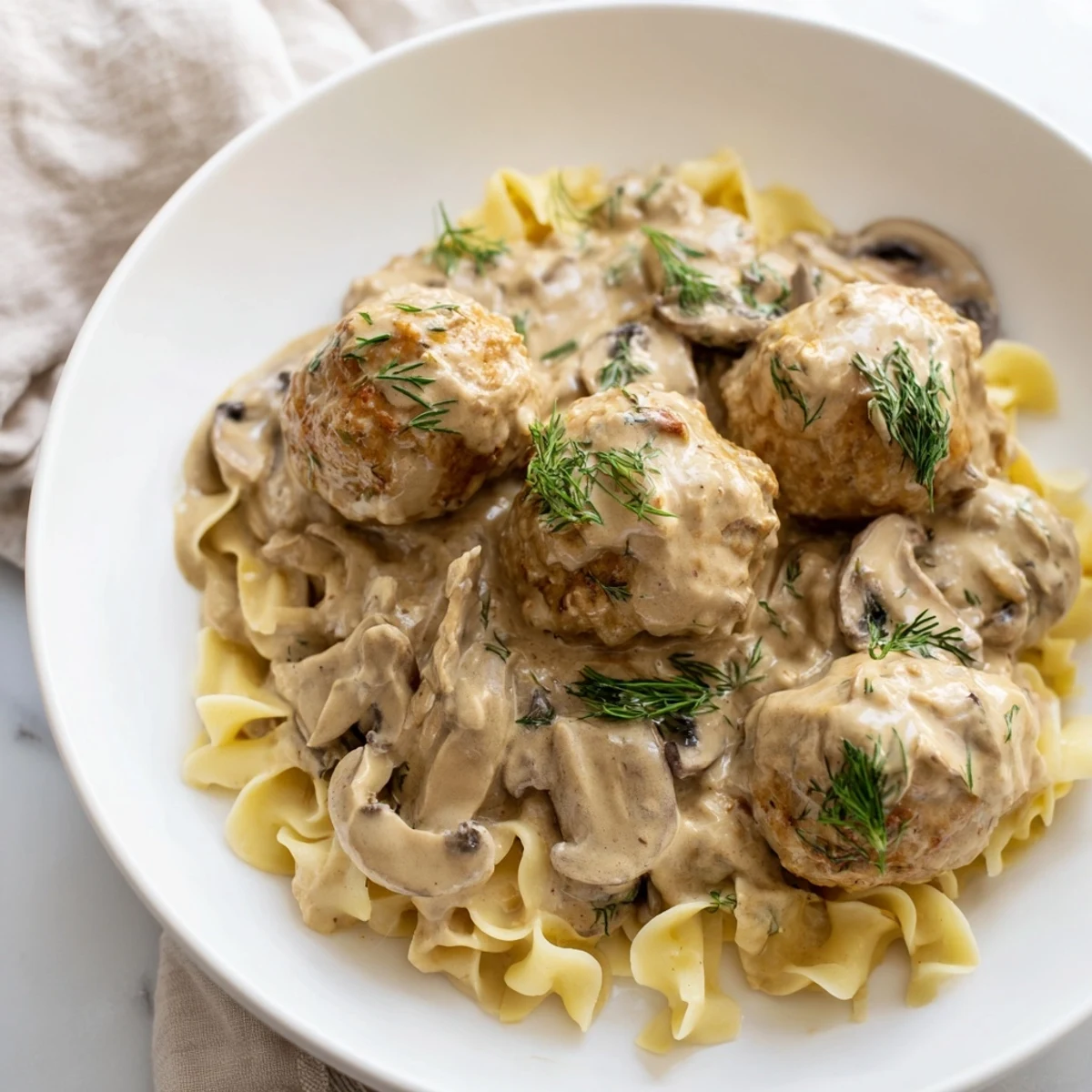 Picture a warm bowl of Turkey Meatball Stroganoff: juicy meatballs nestled in a mushroom Stroganoff.