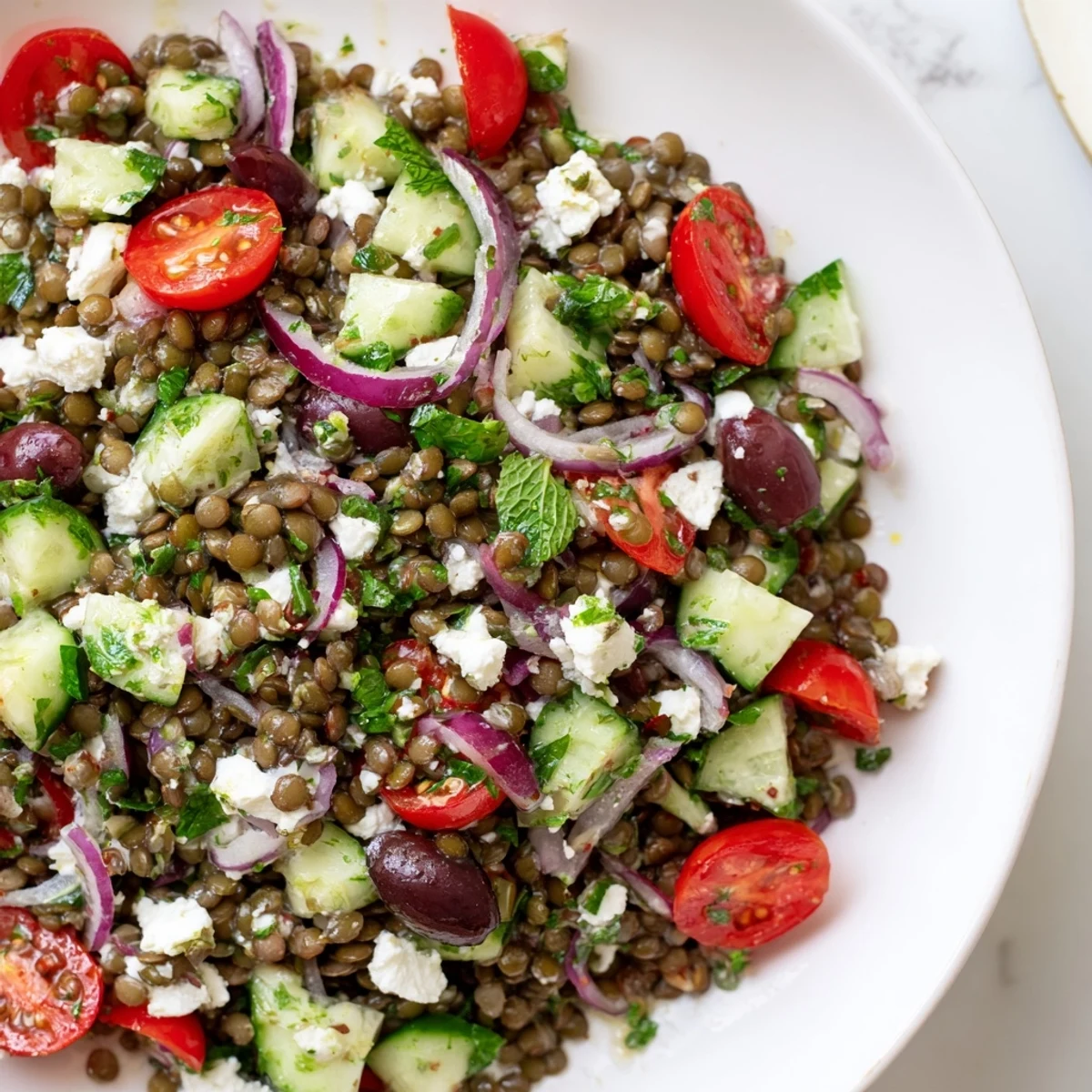 Mediterranean Lentil Salad with Feta, bursting with vibrant veggies and crumbled feta, ready to enjoy.
