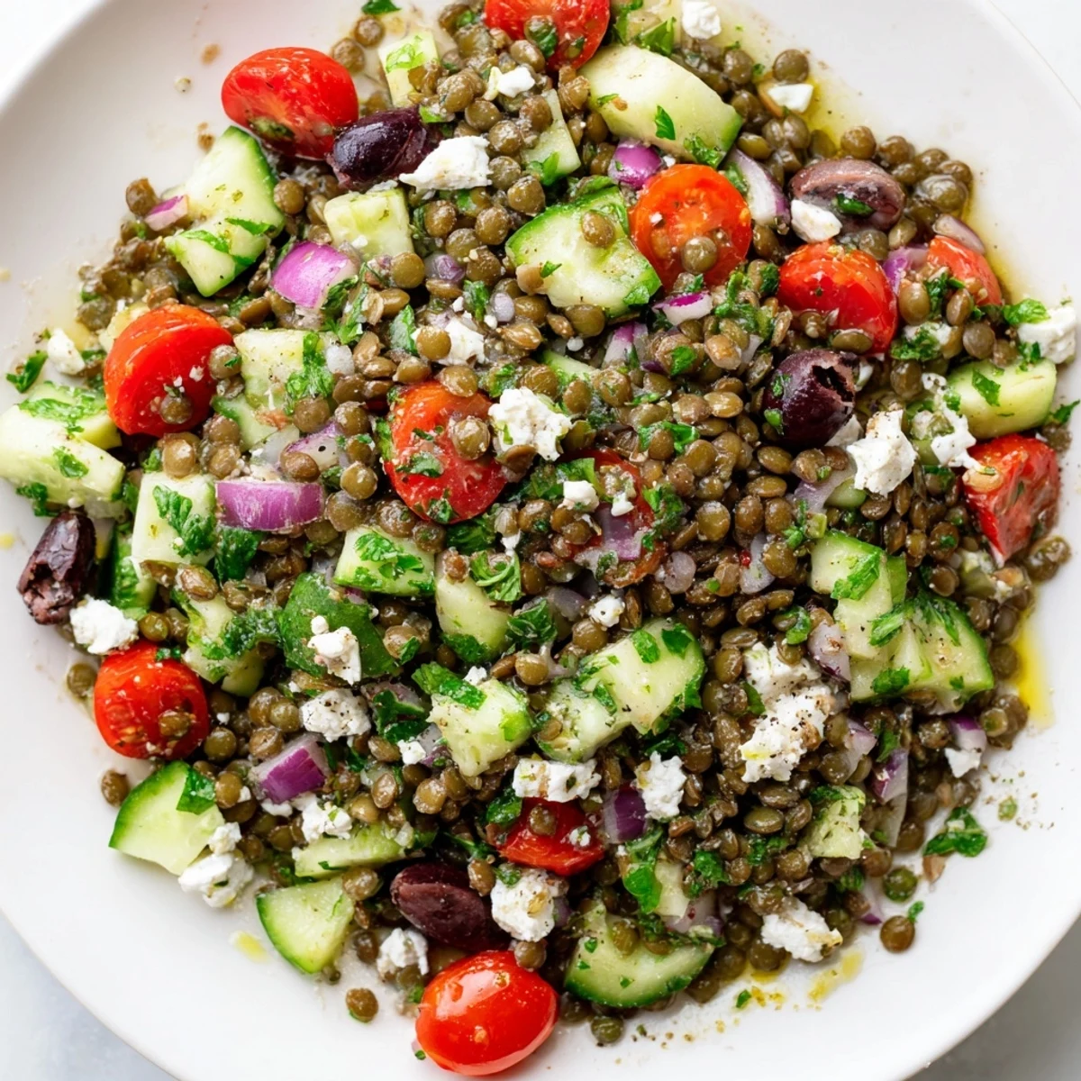 A colorful bowl of fresh Mediterranean Lentil Salad with Feta, drizzled with zesty dressing, looks delicious.