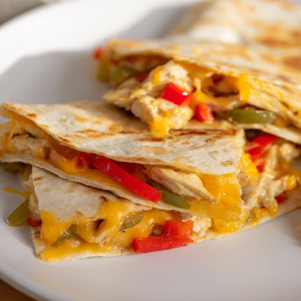 Chicken Quesadillas with Peppers: Golden, cheesy quesadillas filled with savory chicken and vibrant peppers.
