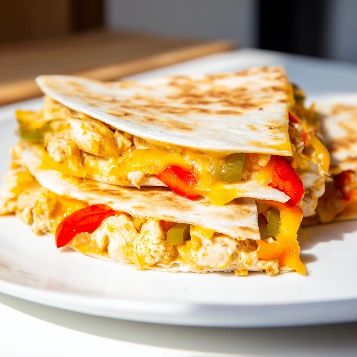 Enjoy warm Chicken Quesadillas with Peppers; melted cheese oozes from crispy tortilla folds.