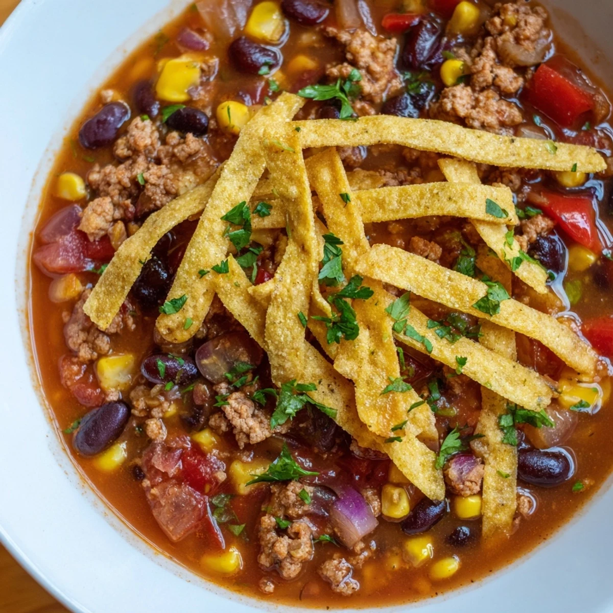 A steaming bowl of Beef Enchilada Soup, garnished with fresh cilantro and crunchy tortilla strips.