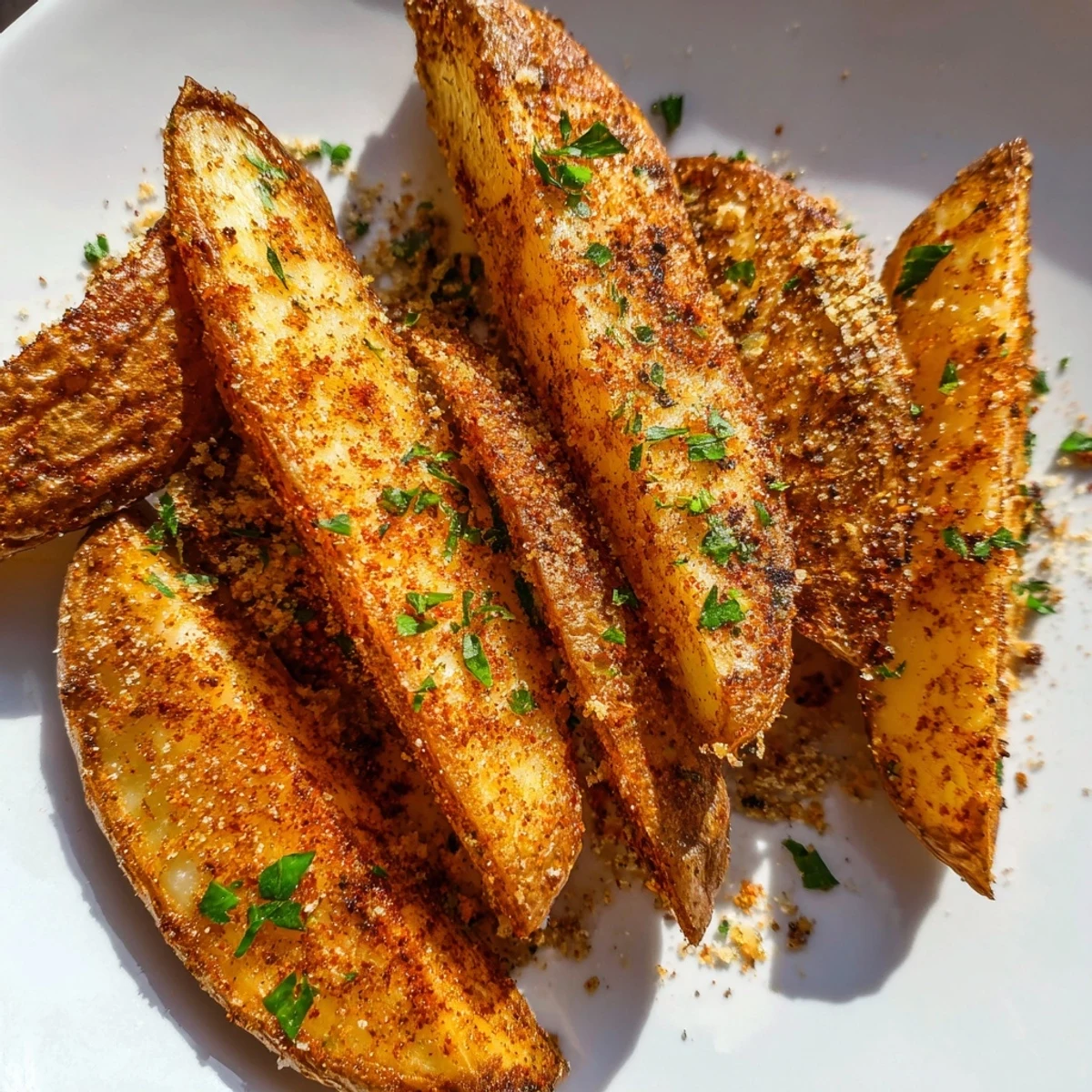 Golden-brown crispy oven baked potato wedges, seasoned perfectly and ready to serve with your favorite dipping sauce.