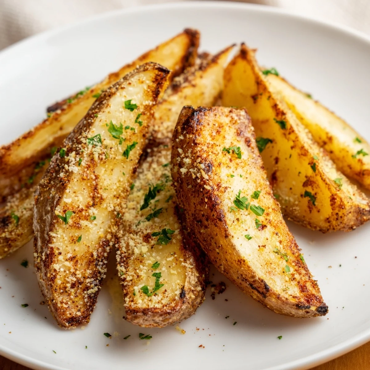 Warm and aromatic, these oven baked potato wedges are seasoned with herbs, a savory treat for any meal.