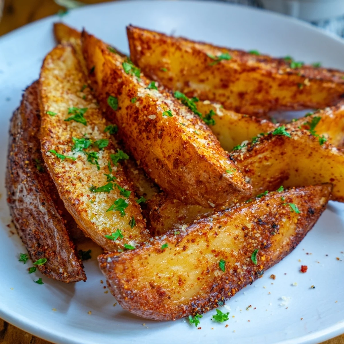 A close-up of beautifully textured oven baked potato wedges, offering satisfying crunch and delicious savory flavor.