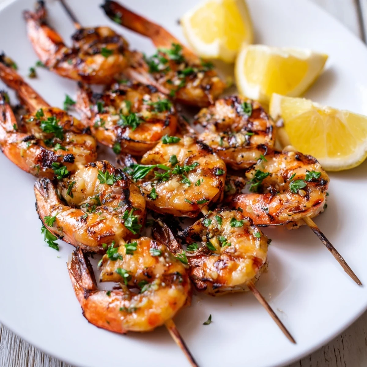 Perfectly cooked Lemon Garlic Shrimp Skewers, ready to enjoy with a burst of zesty lemon flavor and tender shrimp.