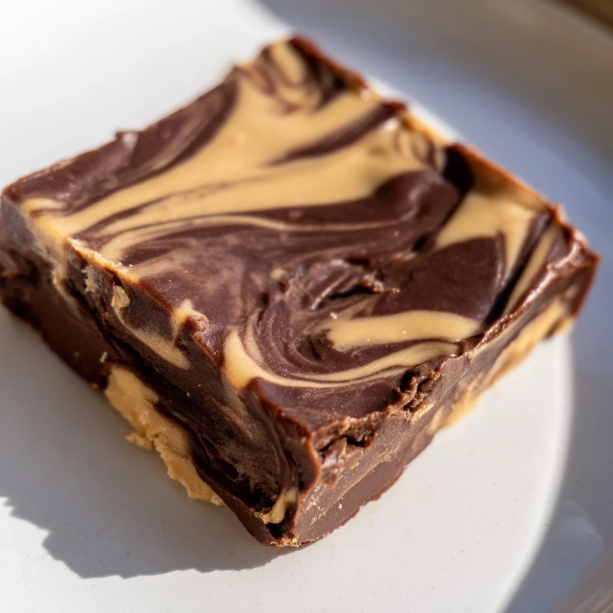 A square of creamy Chocolate Peanut Butter Fudge, swirled elegantly, ready to satisfy any sweet tooth.