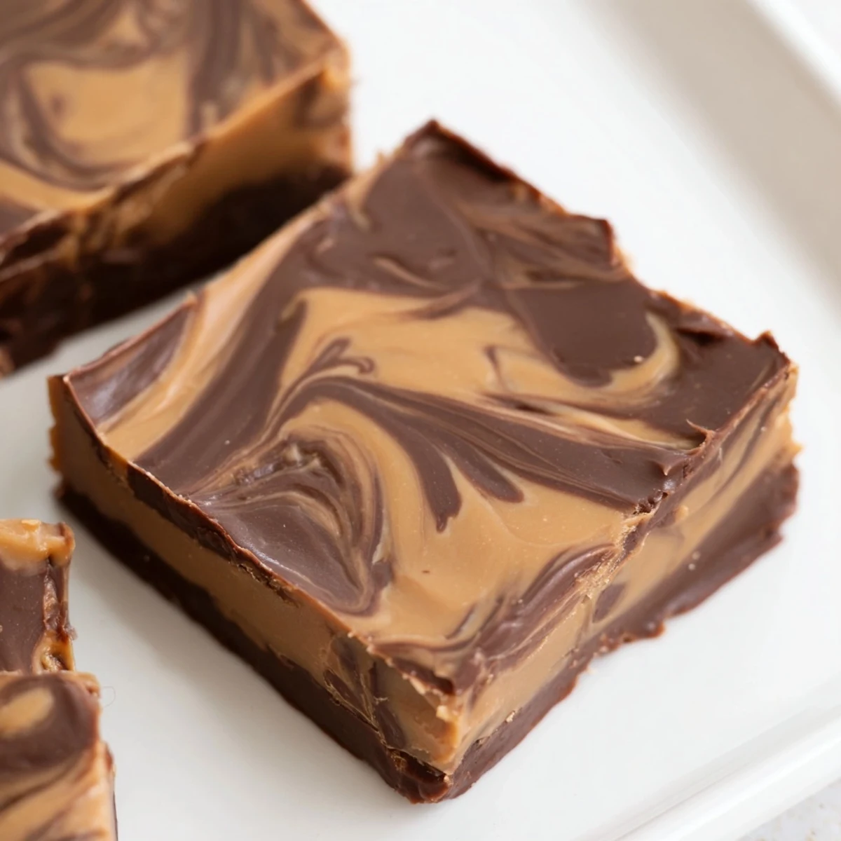 Silky, swirled Chocolate Peanut Butter Fudge, a close-up of the delicious final chilled dessert.