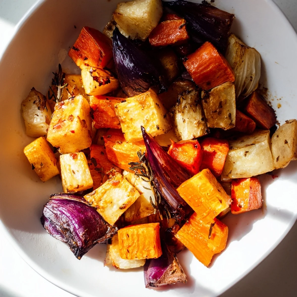 Golden, tender roasted root vegetables with balsamic glaze, a delicious and healthy side.