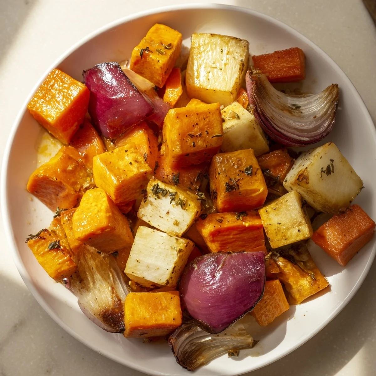Close-up of savory roasted root vegetables glistening with balsamic, ready for a flavorful bite.