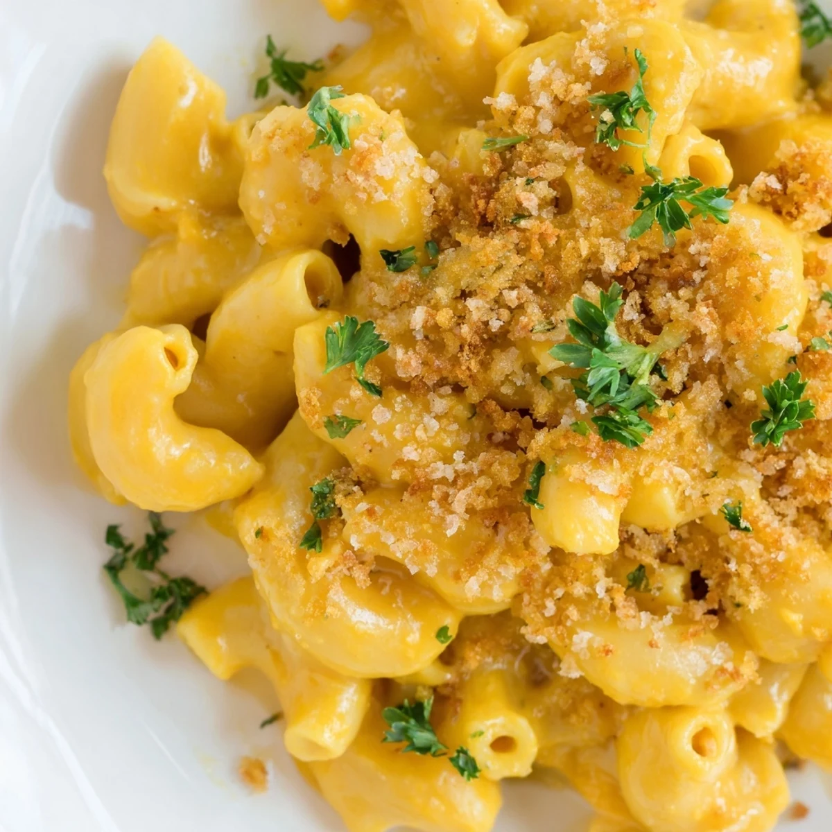 Golden Vegan Butternut Squash Mac and Cheese with a crunchy panko topping garnished with fresh parsley in a white bowl.