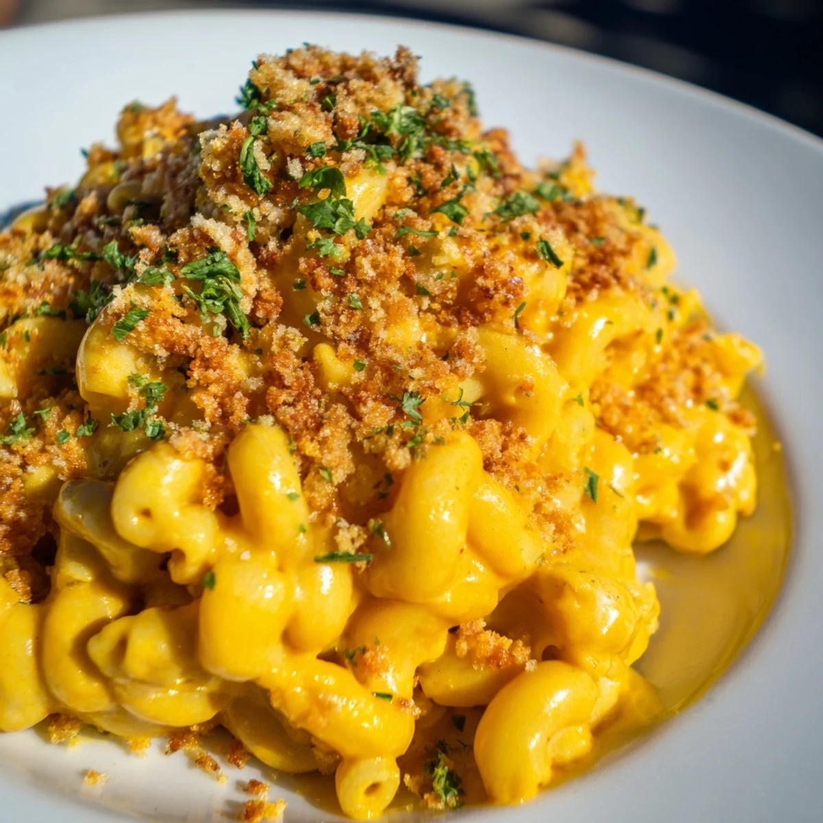Close-up of rich Vegan Butternut Squash Mac and Cheese, velvety sauce mixed into pasta topped with breadcrumbs ready to serve.