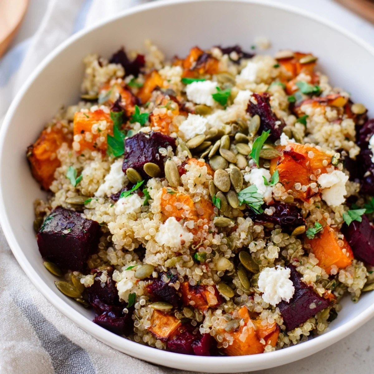 Warm Quinoa Salad with Roasted Root Vegetables in a rustic bowl, featuring caramelized beets, carrots, and sweet potatoes for a hearty meal.