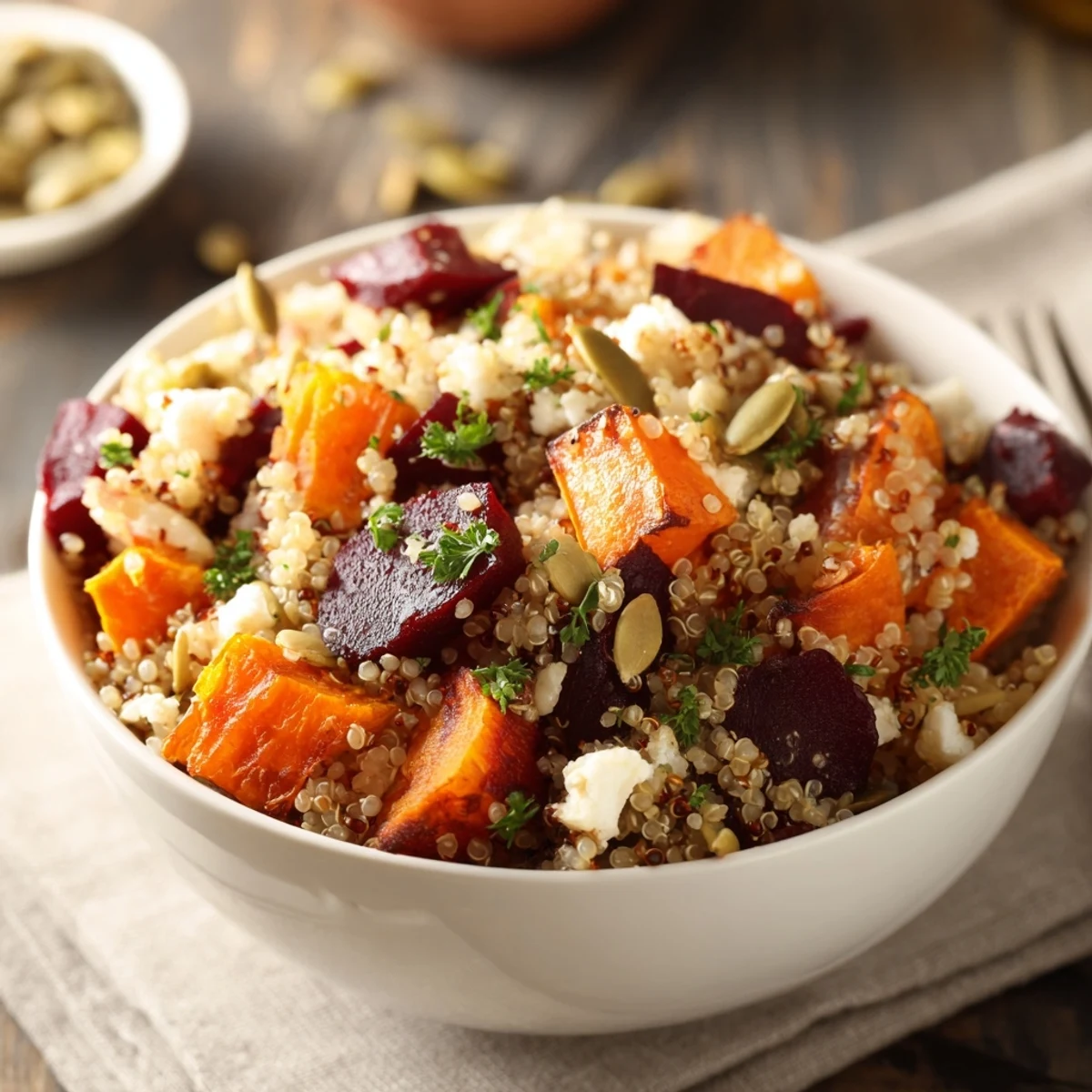 Platter of fluffy Warm Quinoa Salad with Roasted Root Vegetables, garnished with fresh parsley, paired with a glass of white wine.