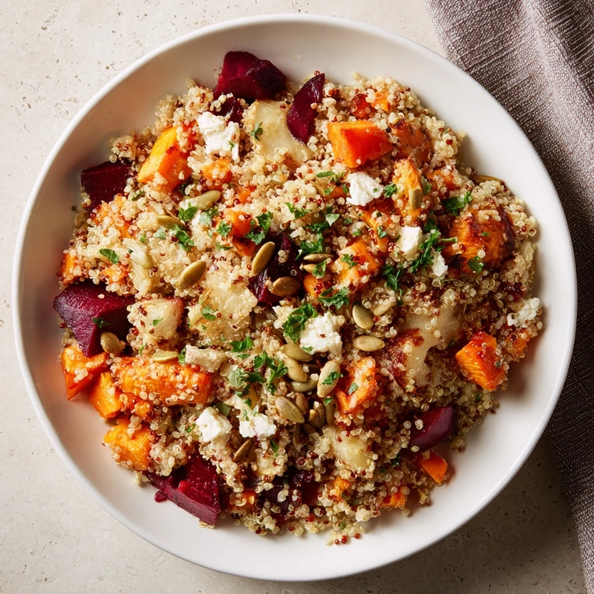 Fork-ready Warm Quinoa Salad with Roasted Root Vegetables topped with crumbled feta and pepitas, drizzled with tangy dressing.