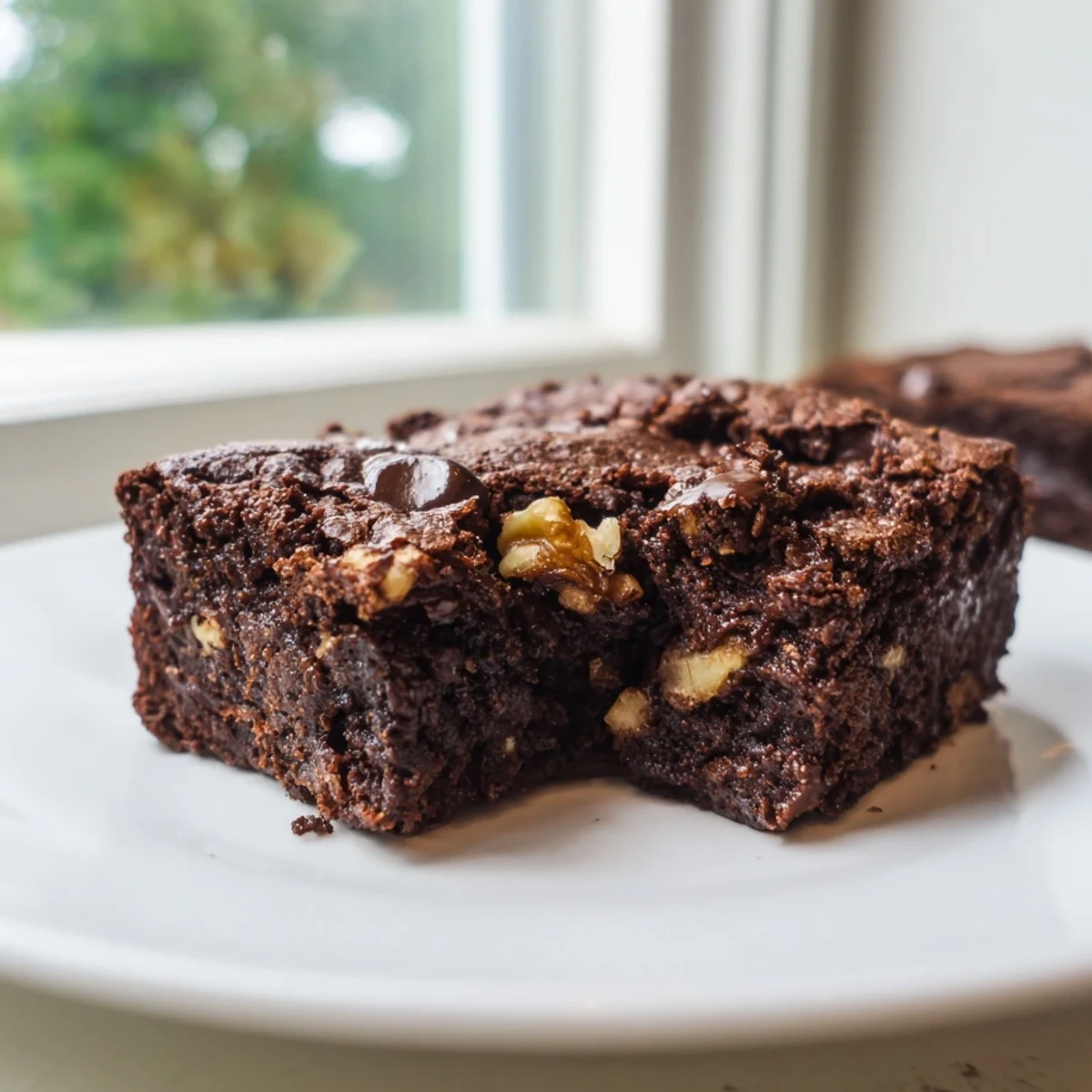Gluten Free Almond Flour Brownies cut into squares, showcasing fudgy centers, rich chocolate chips, and toasted walnut pieces on a simple plate.