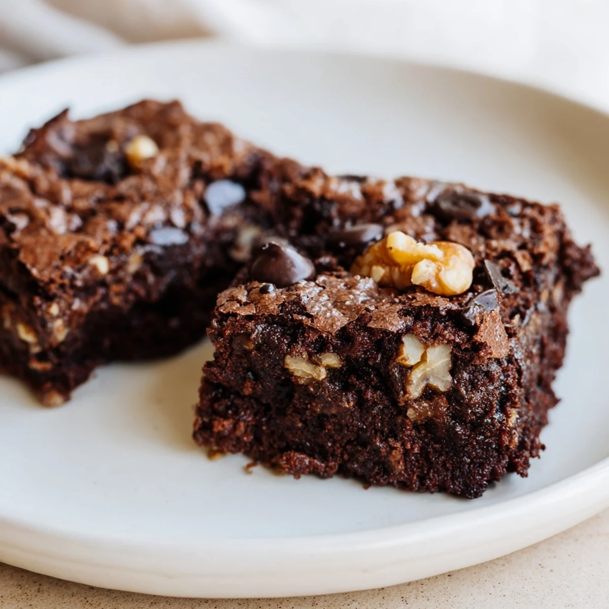 Freshly baked Gluten Free Almond Flour Brownies with cracked tops and moist crumbs, served alongside creamy vanilla ice cream melting slightly.