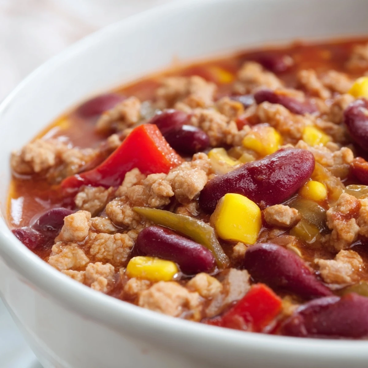 A steaming bowl of Turkey Chili with Kidney Beans and Corn, topped with fresh cilantro and a dollop of Greek yogurt.