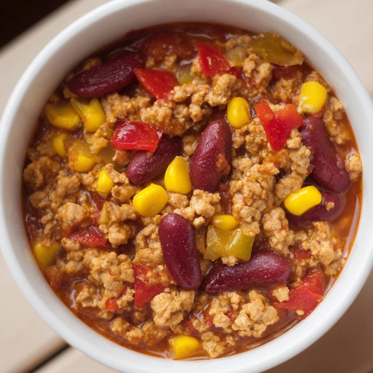 Hearty Turkey Chili with Kidney Beans and Corn served in a rustic bowl, perfect for a cozy weeknight family dinner.
