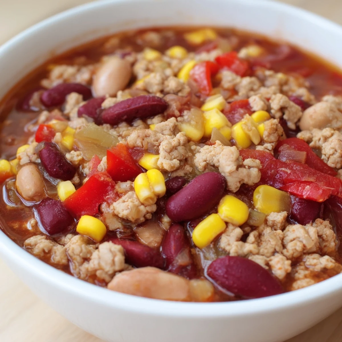 Turkey Chili with Kidney Beans and Corn simmering in a pot, revealing chunks of turkey, red peppers, and sweet corn.