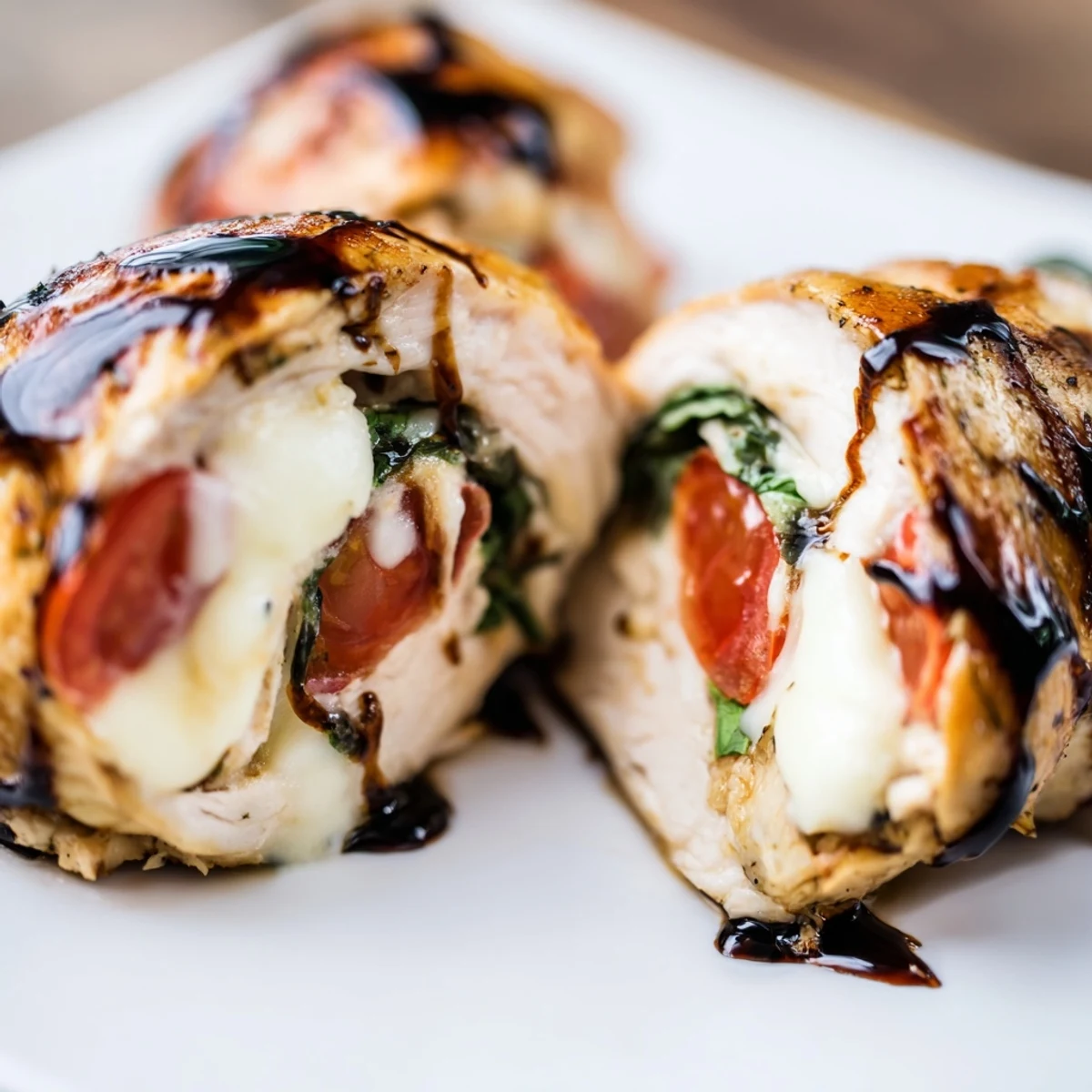 Golden-brown baked Caprese Stuffed Chicken Breast with melted mozzarella and fresh tomato slices, drizzled with balsamic glaze.