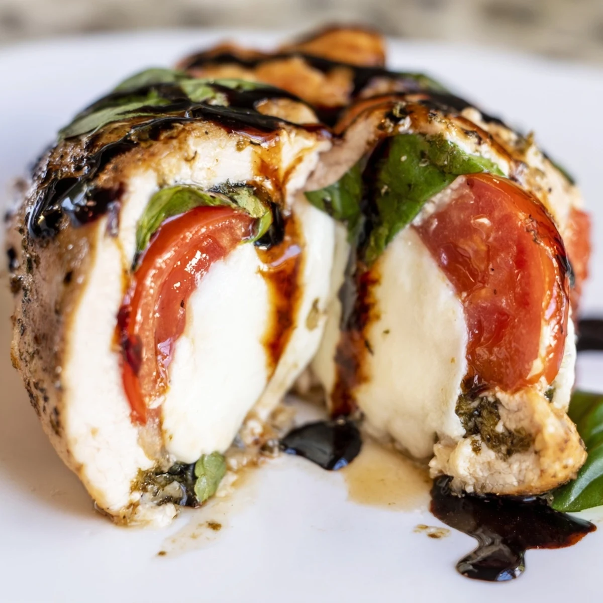 Tender chicken breast pocket filled with mozzarella, ripe tomatoes, and basil, seared and baked then topped with sweet balsamic reduction.