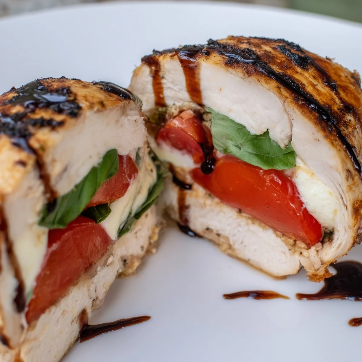 Perfectly cooked Caprese Stuffed Chicken Breast on a white plate, garnished with basil leaves and a drizzle of thick, tangy balsamic glaze.
